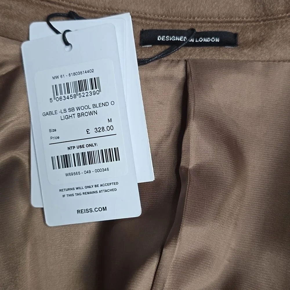 NWT Reiss Light Brown Gable Wool-Blend Single-Breasted Sz Med